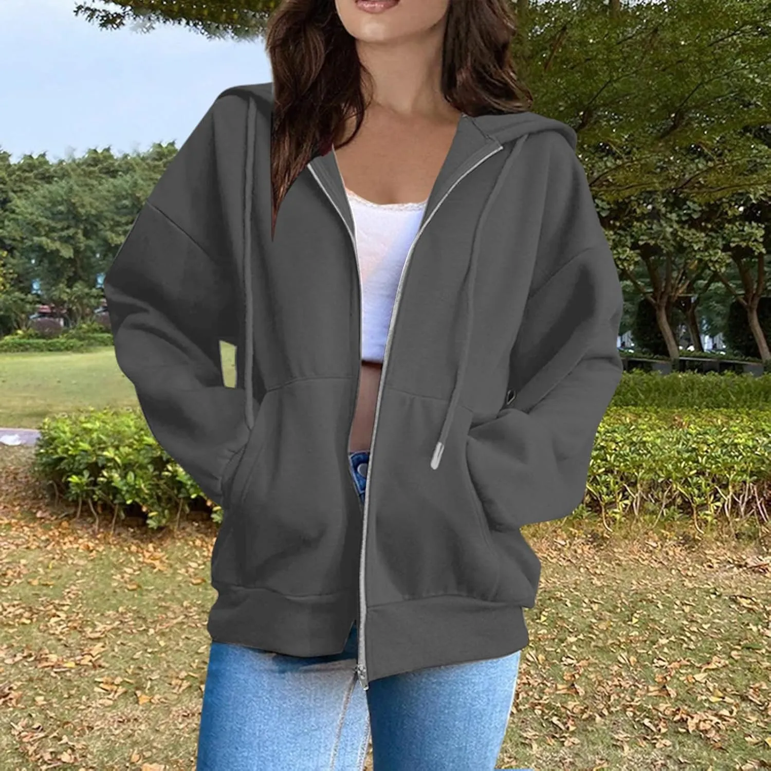 2025 Spring Women's Drawstring Zip Up Cute Hoodies Soft Jacket Plus Size Casual Sweatshirts with Pocket