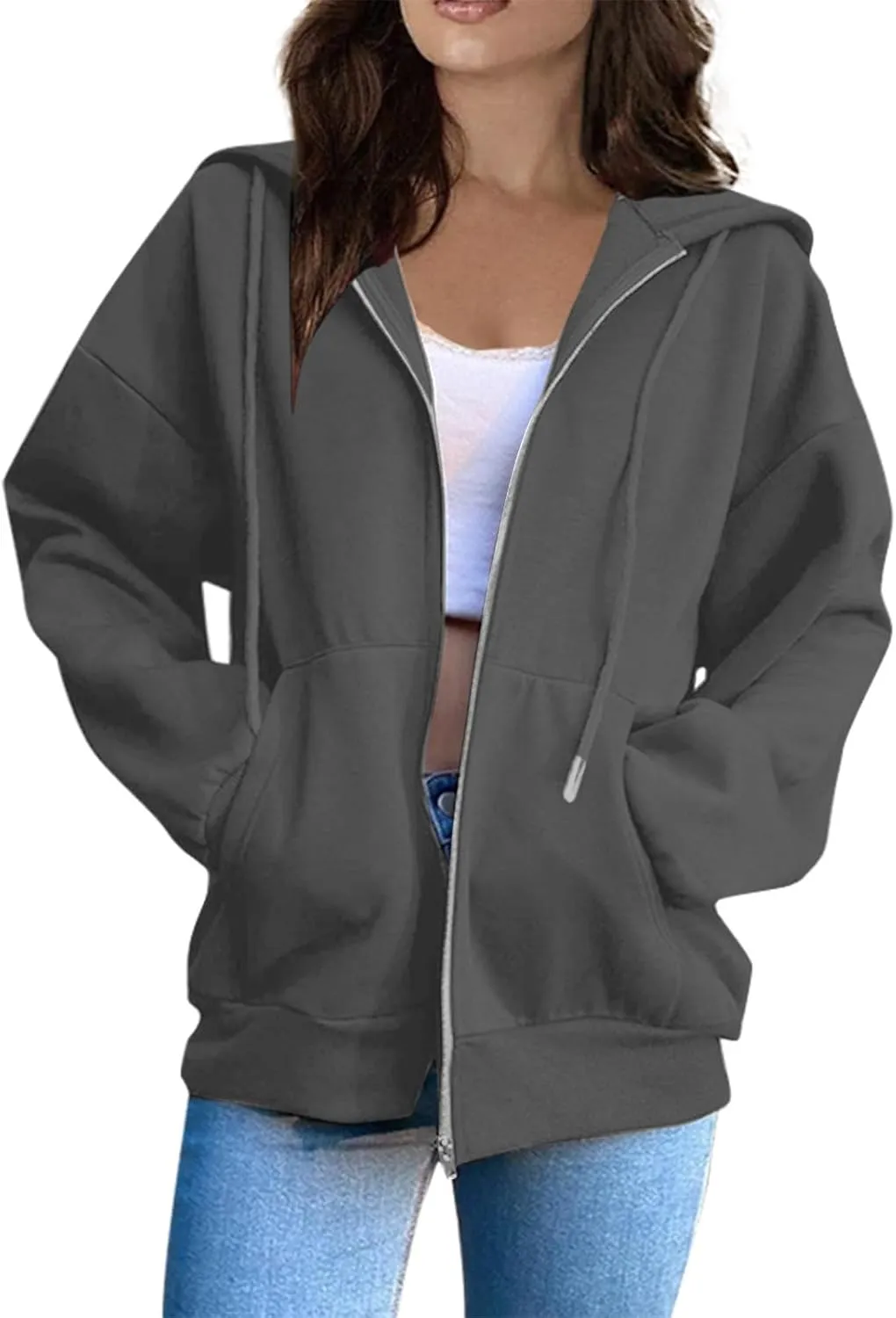2025 Spring Women's Drawstring Zip Up Cute Hoodies Soft Jacket Plus Size Casual Sweatshirts with Pocket