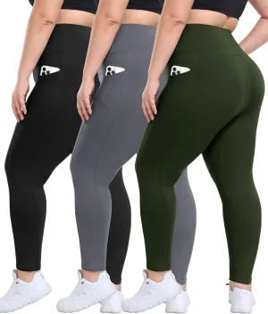 3 Pack Plus Size Leggings with Pockets for Women - High Waisted Tummy Control Spandex Soft Black Workout Yoga Pants