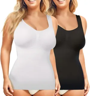 ATTLADY Women's 2PK Tummy Control Shapewear Tank Tops Seamless Square Neck Compression Tops Slimming Body Shaper Camisole-Black/White L