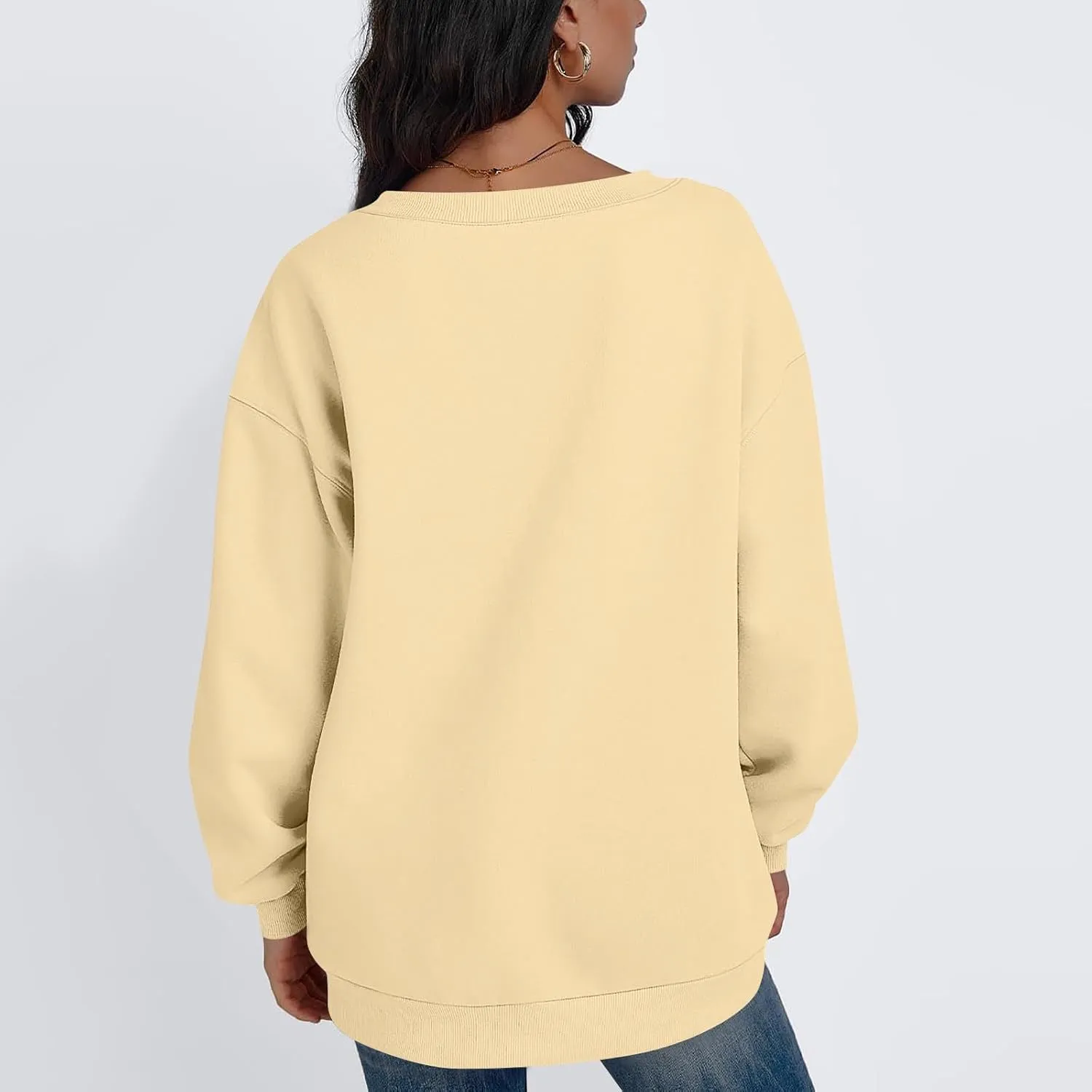 Fleece V Neck Sweatshirt Women Plain Drop Shoulder Oversized Sweatshirts Casual Baggy Comfy Soft Cotton Pullover Tops