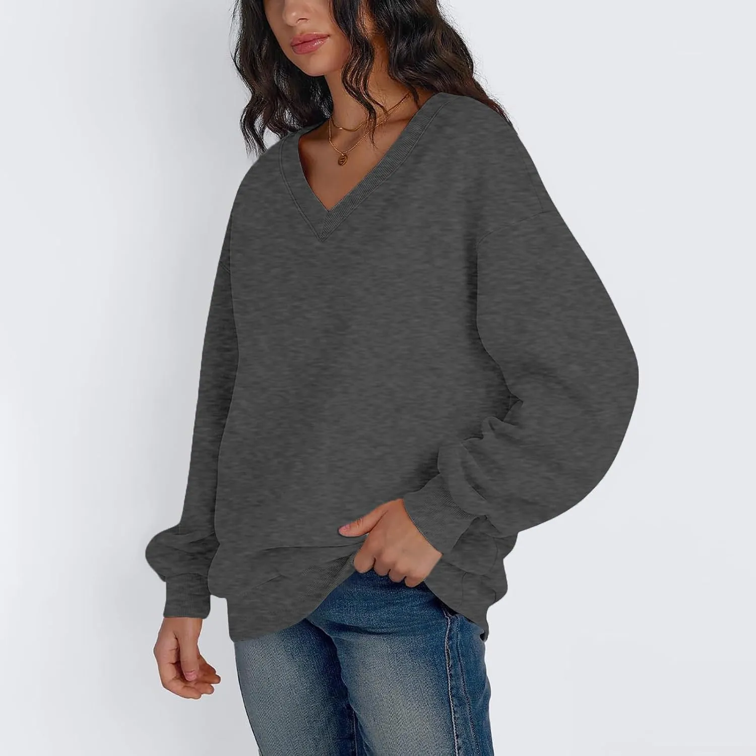 Fleece V Neck Sweatshirt Women Plain Drop Shoulder Oversized Sweatshirts Casual Baggy Comfy Soft Cotton Pullover Tops