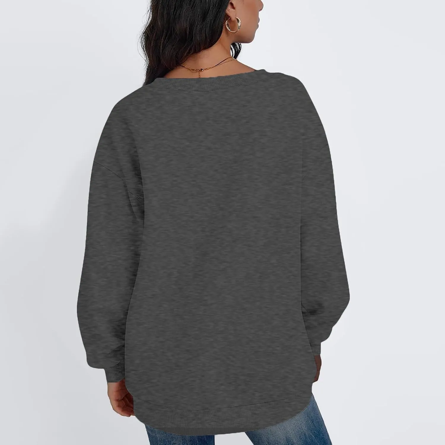 Fleece V Neck Sweatshirt Women Plain Drop Shoulder Oversized Sweatshirts Casual Baggy Comfy Soft Cotton Pullover Tops
