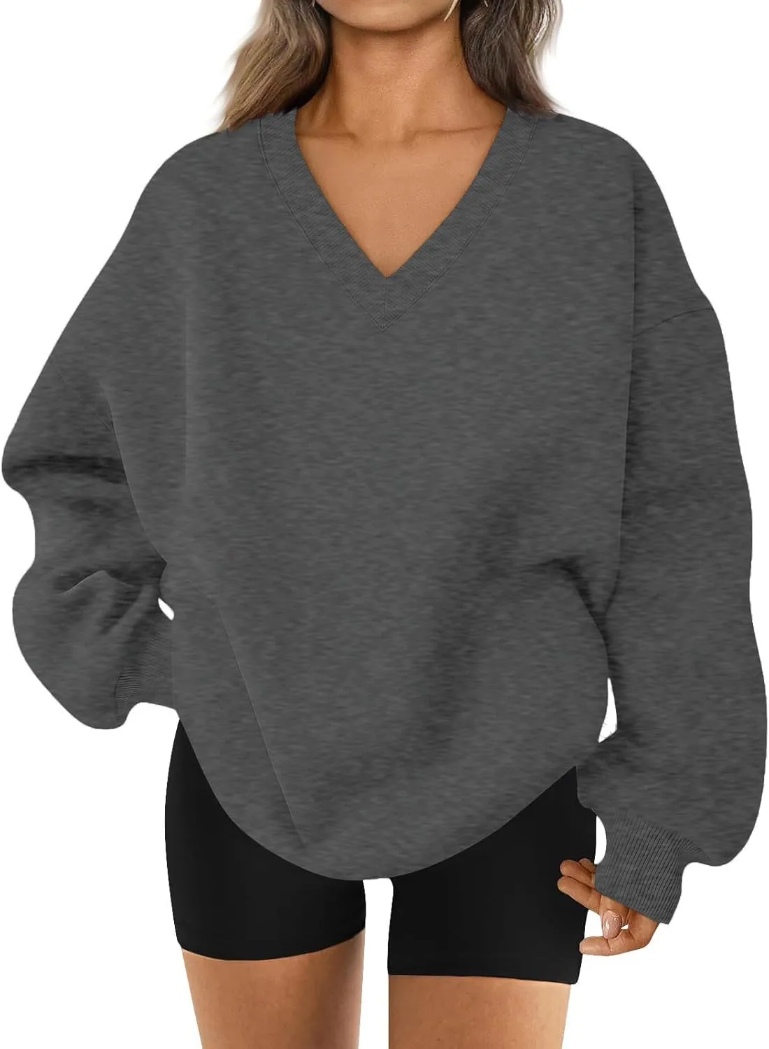 Fleece V Neck Sweatshirt Women Plain Drop Shoulder Oversized Sweatshirts Casual Baggy Comfy Soft Cotton Pullover Tops