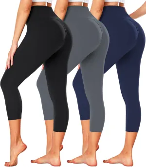 FULLSOFT 3 Pack Capri Leggings for Women - High Waisted Tummy Control Black Workout Yoga Pants