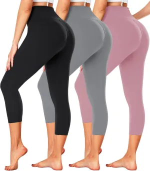 FULLSOFT 3 Pack Capri Leggings for Women - High Waisted Tummy Control Black Workout Yoga Pants