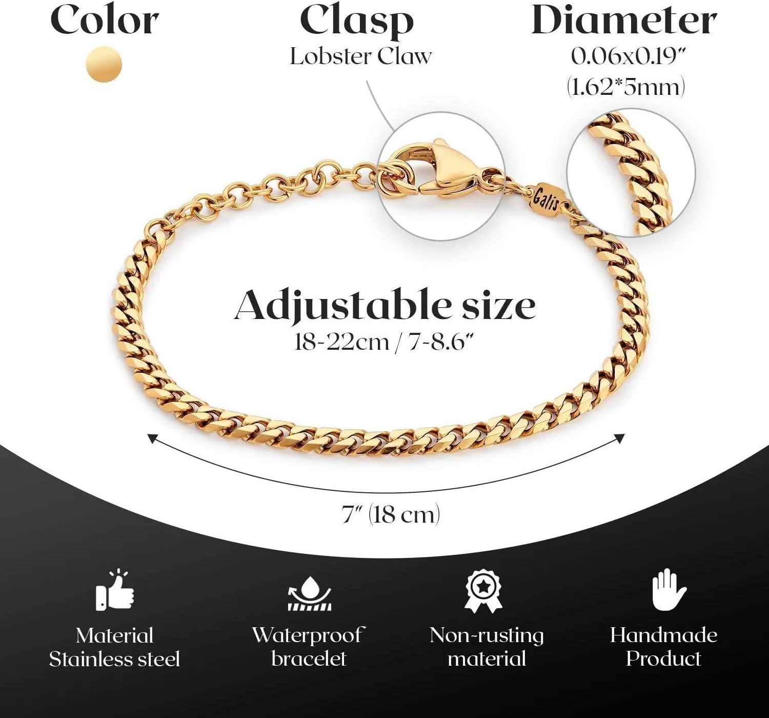 Galis Mens Bracelet - Cuban Link or Box Chain Layered Chain For Men - Premium Stainless Steel, Gift for him, Gold, Silver, Black Bracelet For Men 7-8" Size, 3-5mm Thick