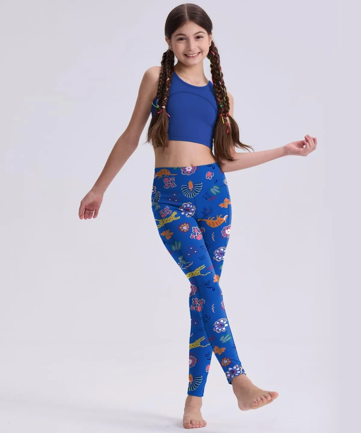 Girls' Black Athletic Leggings with Pockets, White Ankle Length Yoga Pants for Kids