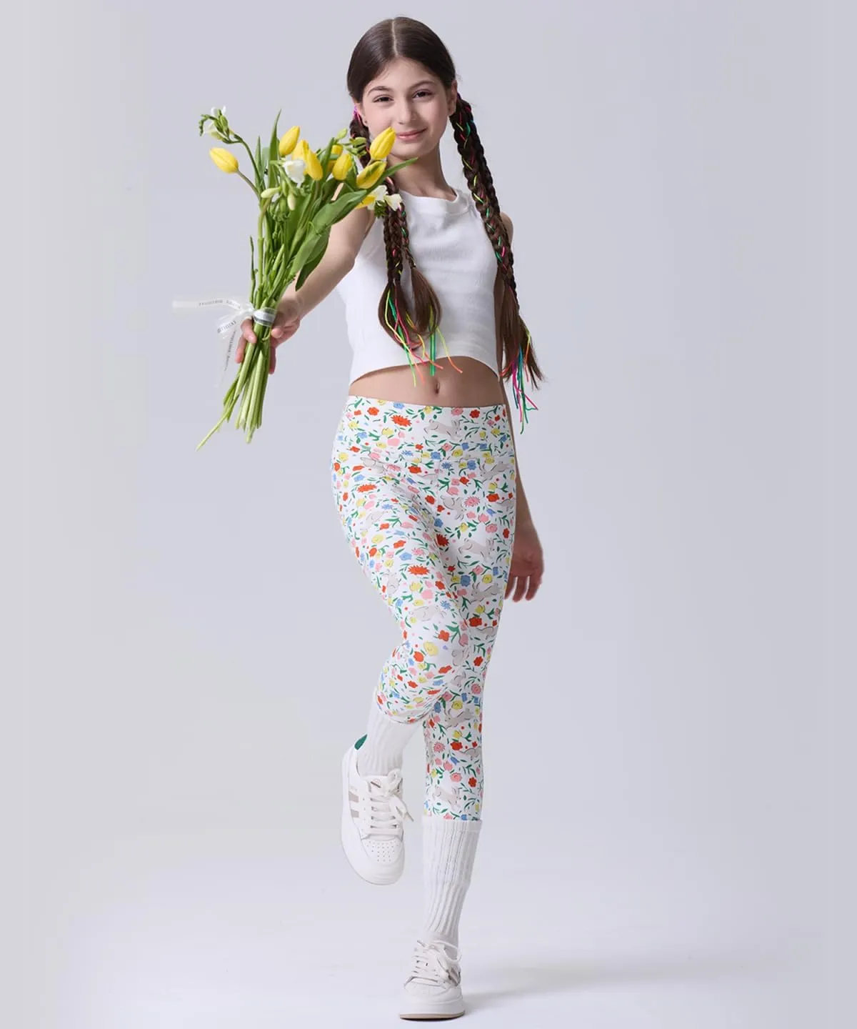 Girls' Black Athletic Leggings with Pockets, White Ankle Length Yoga Pants for Kids