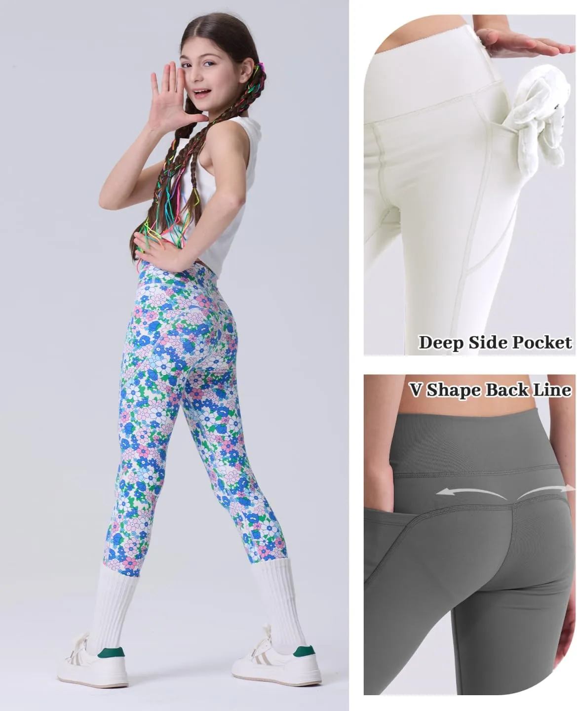 Girls' Black Athletic Leggings with Pockets, White Ankle Length Yoga Pants for Kids