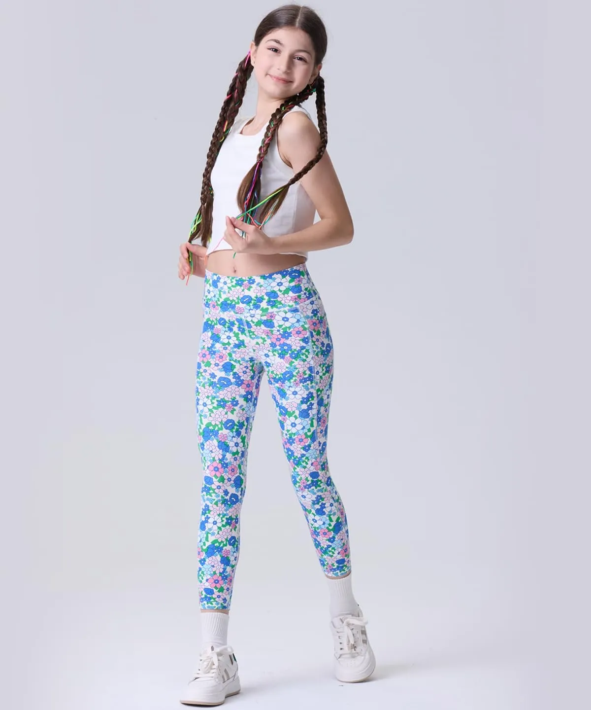 Girls' Black Athletic Leggings with Pockets, White Ankle Length Yoga Pants for Kids