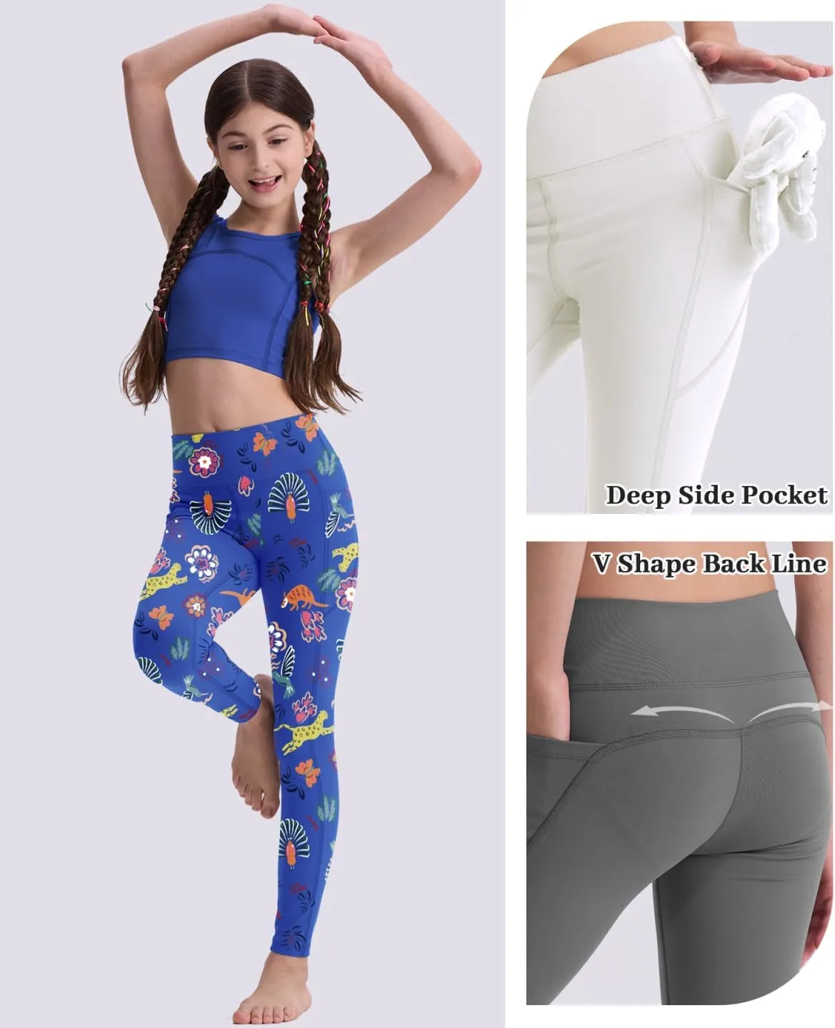 Girls' Black Athletic Leggings with Pockets, White Ankle Length Yoga Pants for Kids