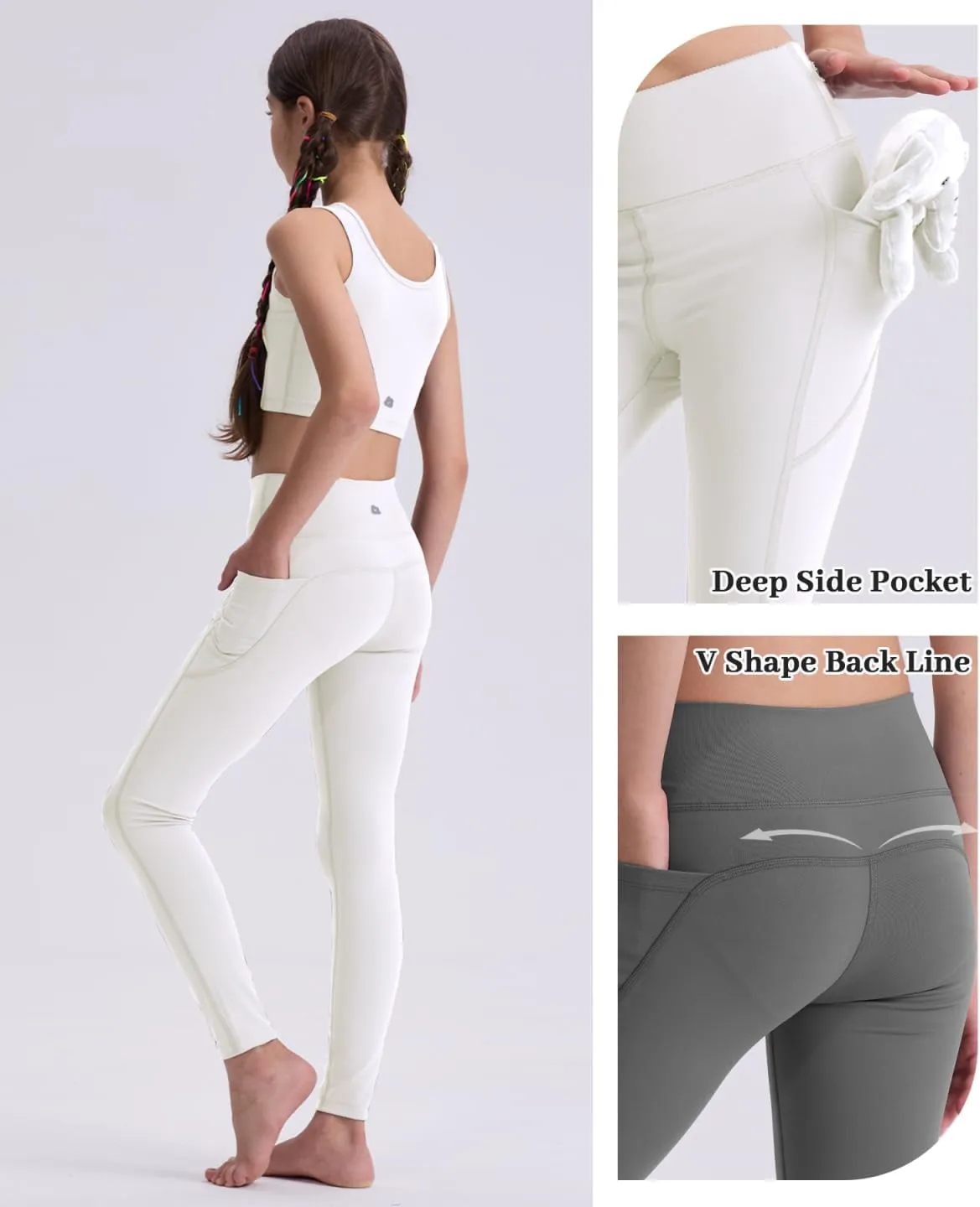 Girls' Black Athletic Leggings with Pockets, White Ankle Length Yoga Pants for Kids