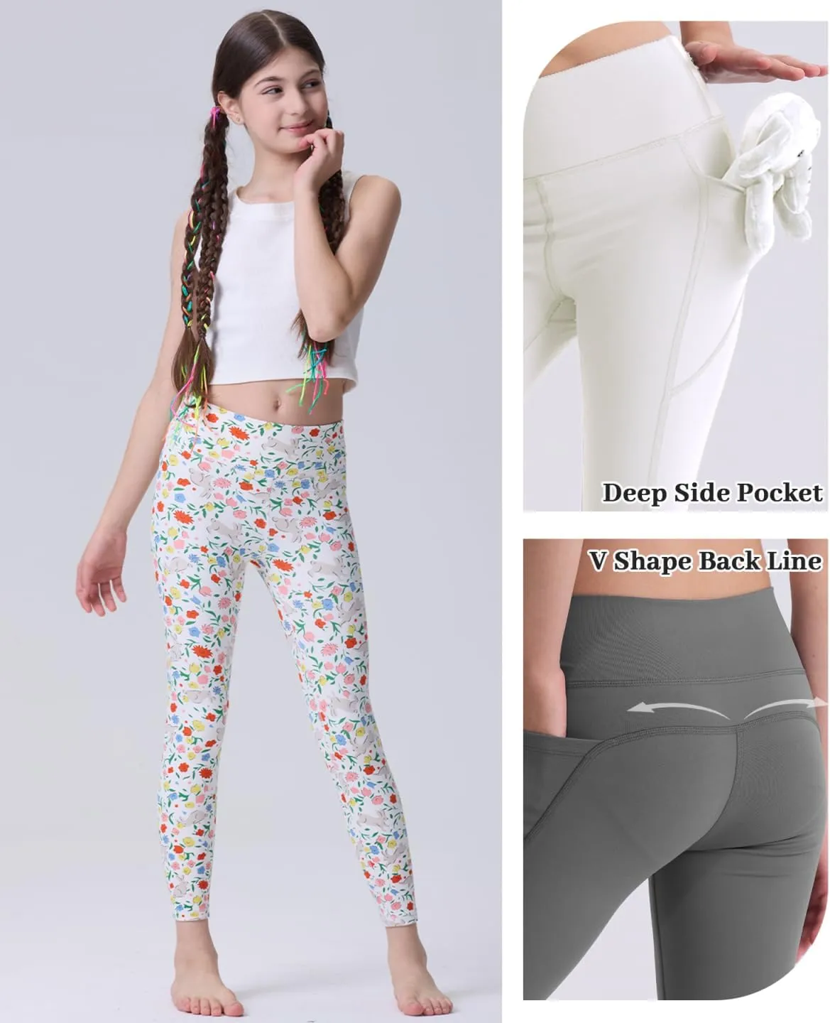Girls' Black Athletic Leggings with Pockets, White Ankle Length Yoga Pants for Kids