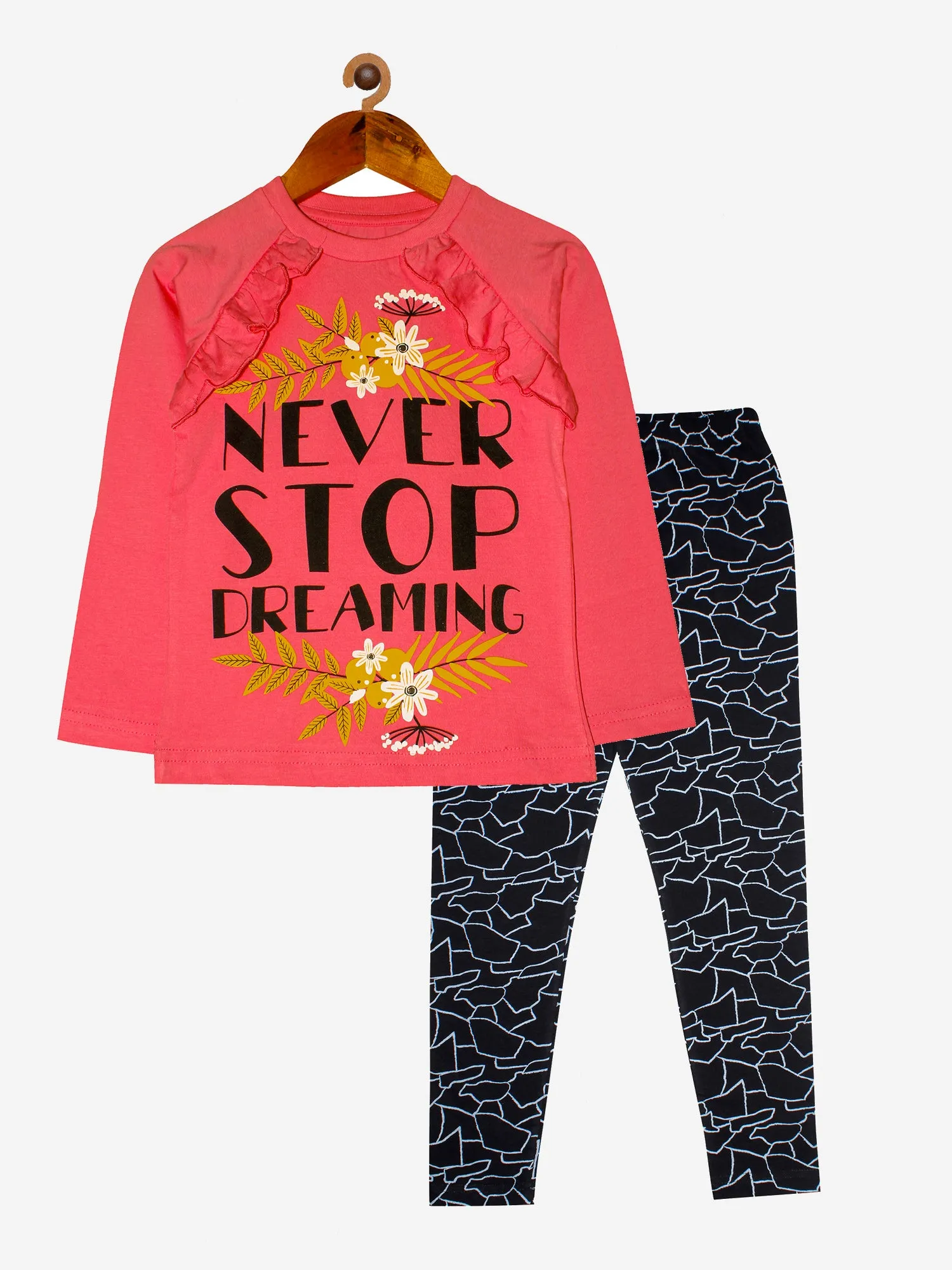 Girls Cotton Full Sleeves T-shirt with Printed Leggings Set
