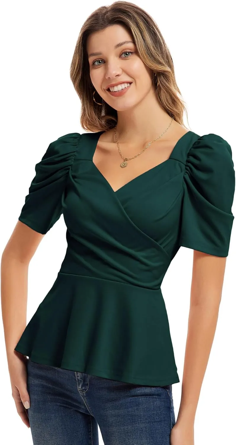 GRACE KARIN 2025 Womens Tops Elegant Peplum Top Wrap V Neck Puff Short Sleeve Summer Tops Blouse
