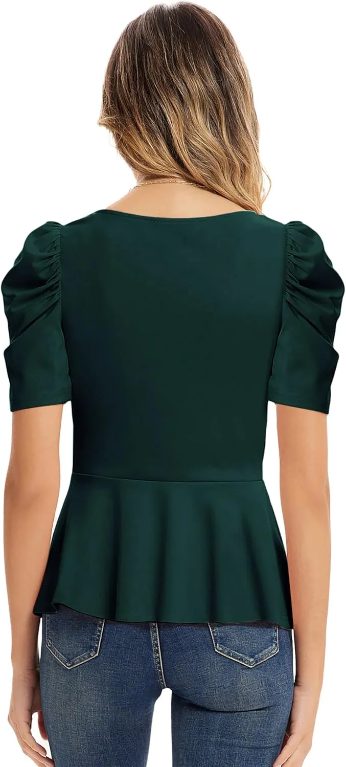GRACE KARIN 2025 Womens Tops Elegant Peplum Top Wrap V Neck Puff Short Sleeve Summer Tops Blouse