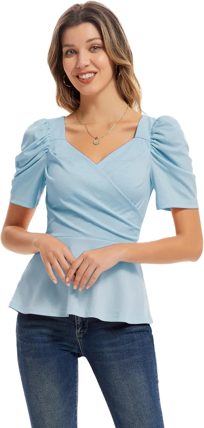 GRACE KARIN 2025 Womens Tops Elegant Peplum Top Wrap V Neck Puff Short Sleeve Summer Tops Blouse