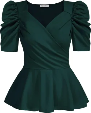 GRACE KARIN 2025 Womens Tops Elegant Peplum Top Wrap V Neck Puff Short Sleeve Summer Tops Blouse