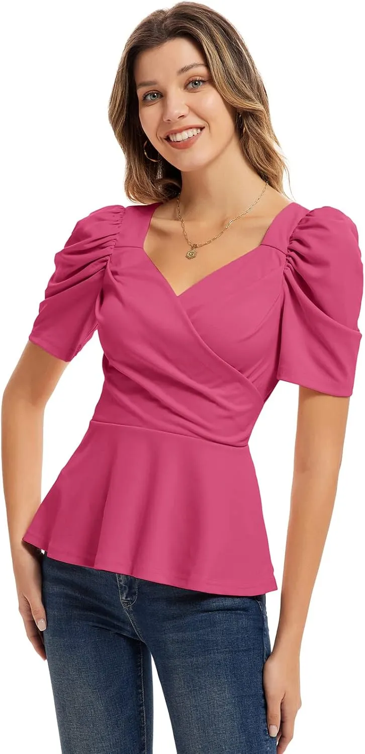 GRACE KARIN 2025 Womens Tops Elegant Peplum Top Wrap V Neck Puff Short Sleeve Summer Tops Blouse