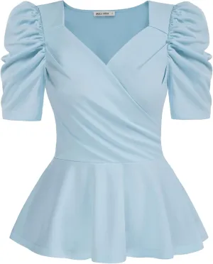 GRACE KARIN 2025 Womens Tops Elegant Peplum Top Wrap V Neck Puff Short Sleeve Summer Tops Blouse