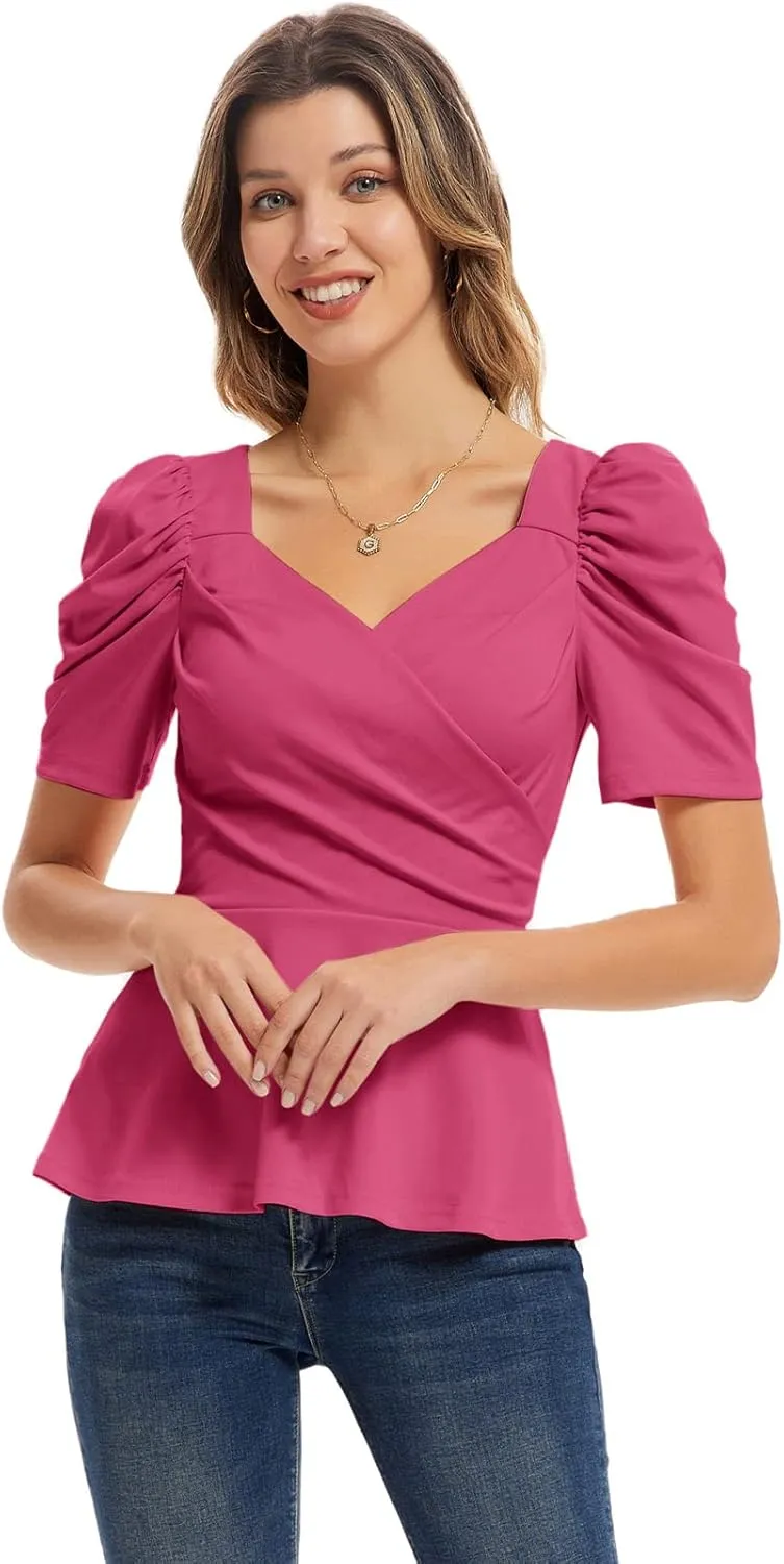 GRACE KARIN 2025 Womens Tops Elegant Peplum Top Wrap V Neck Puff Short Sleeve Summer Tops Blouse