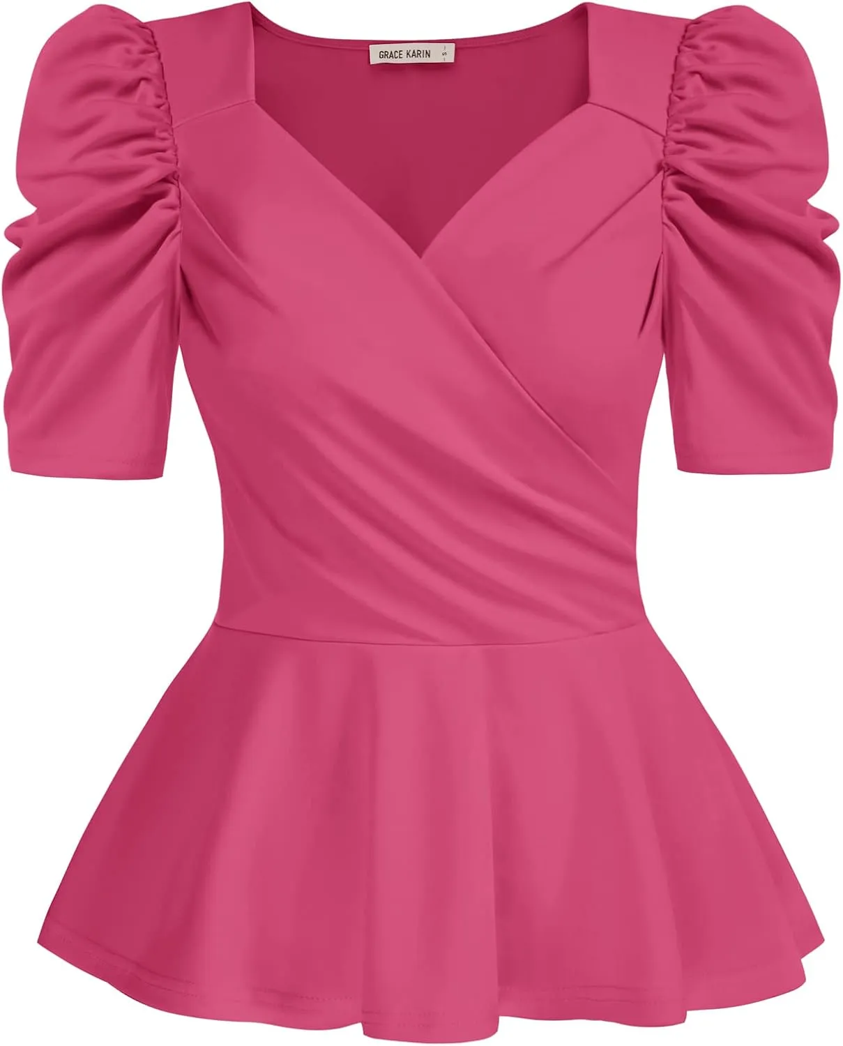 GRACE KARIN 2025 Womens Tops Elegant Peplum Top Wrap V Neck Puff Short Sleeve Summer Tops Blouse