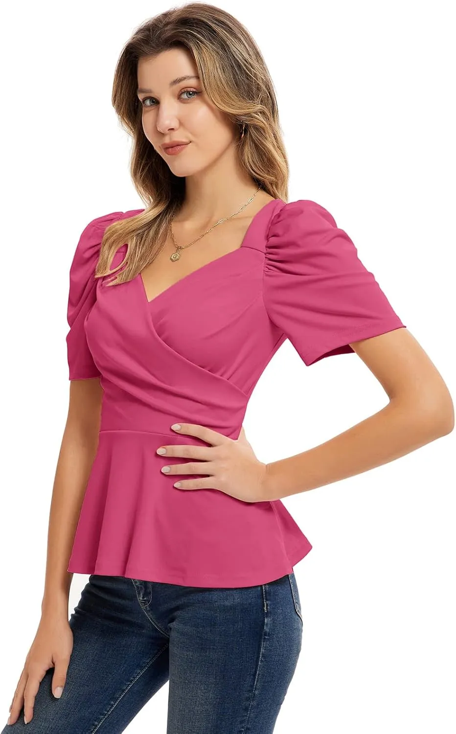 GRACE KARIN 2025 Womens Tops Elegant Peplum Top Wrap V Neck Puff Short Sleeve Summer Tops Blouse