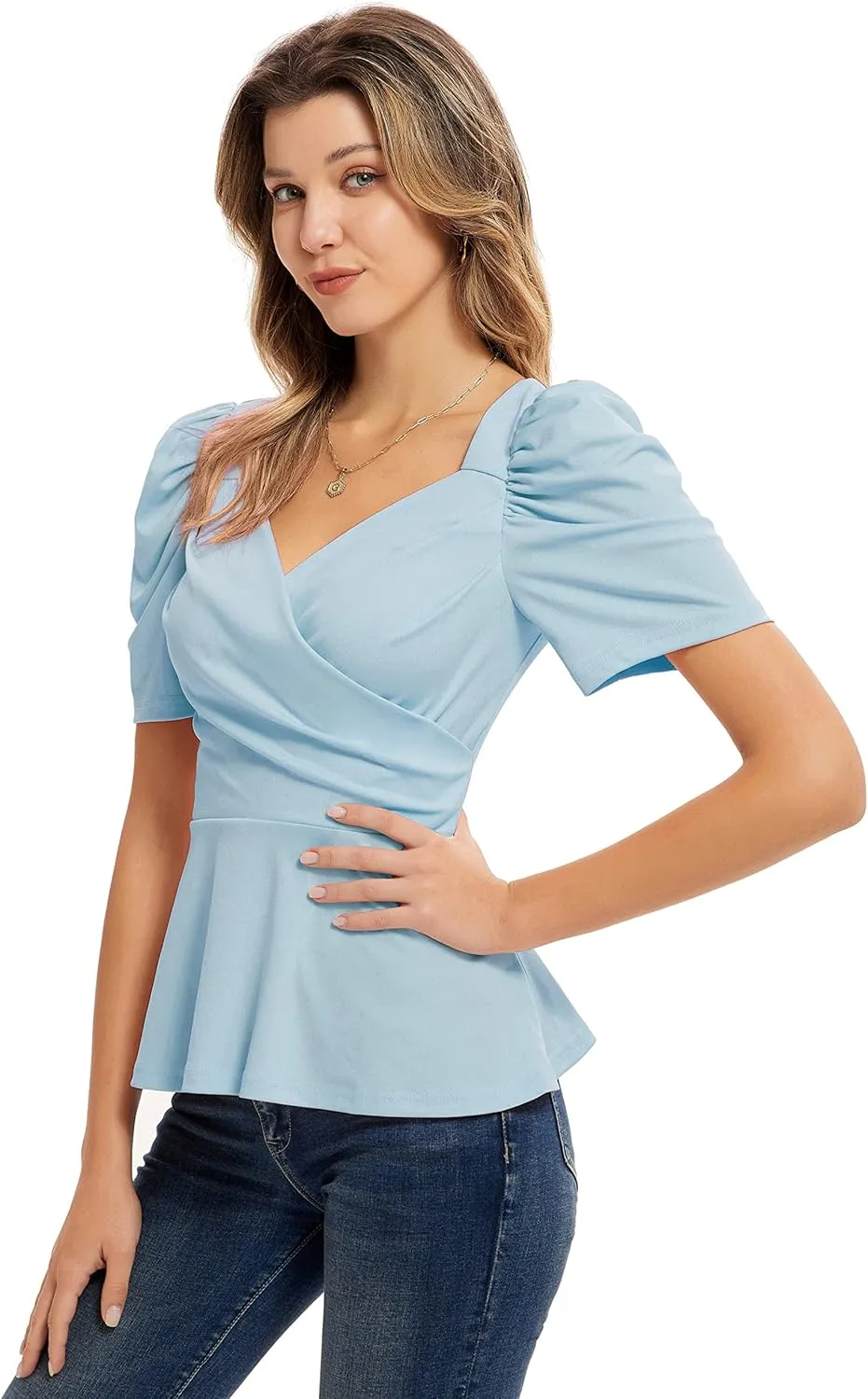 GRACE KARIN 2025 Womens Tops Elegant Peplum Top Wrap V Neck Puff Short Sleeve Summer Tops Blouse