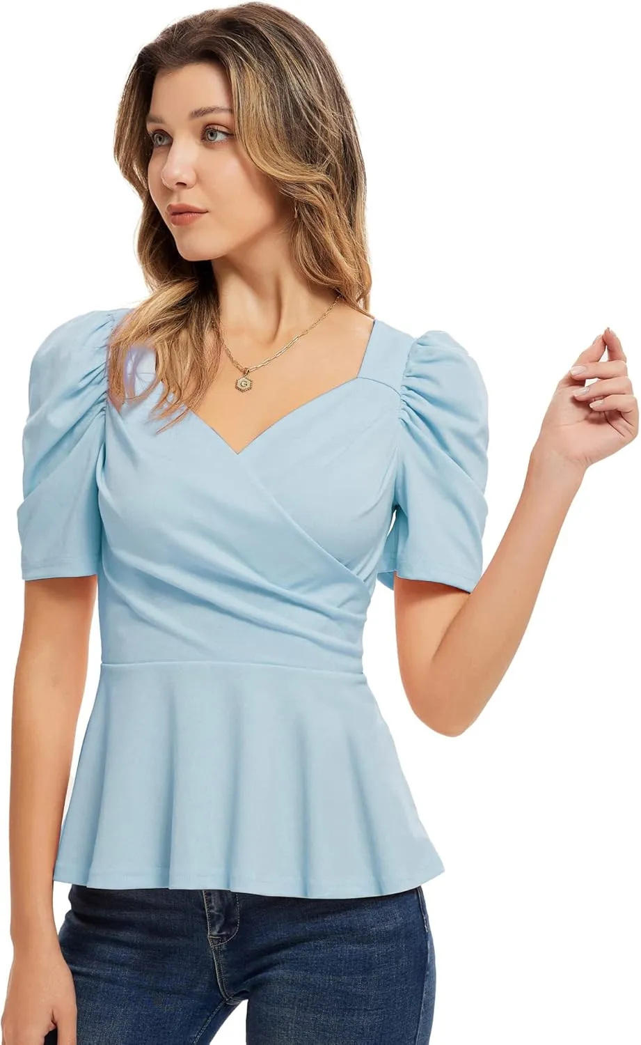 GRACE KARIN 2025 Womens Tops Elegant Peplum Top Wrap V Neck Puff Short Sleeve Summer Tops Blouse