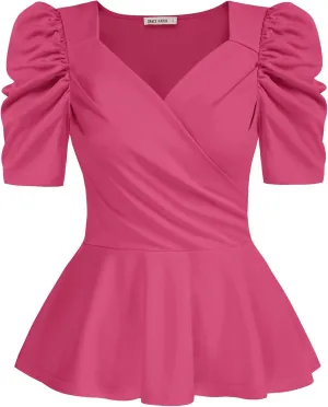 GRACE KARIN 2025 Womens Tops Elegant Peplum Top Wrap V Neck Puff Short Sleeve Summer Tops Blouse