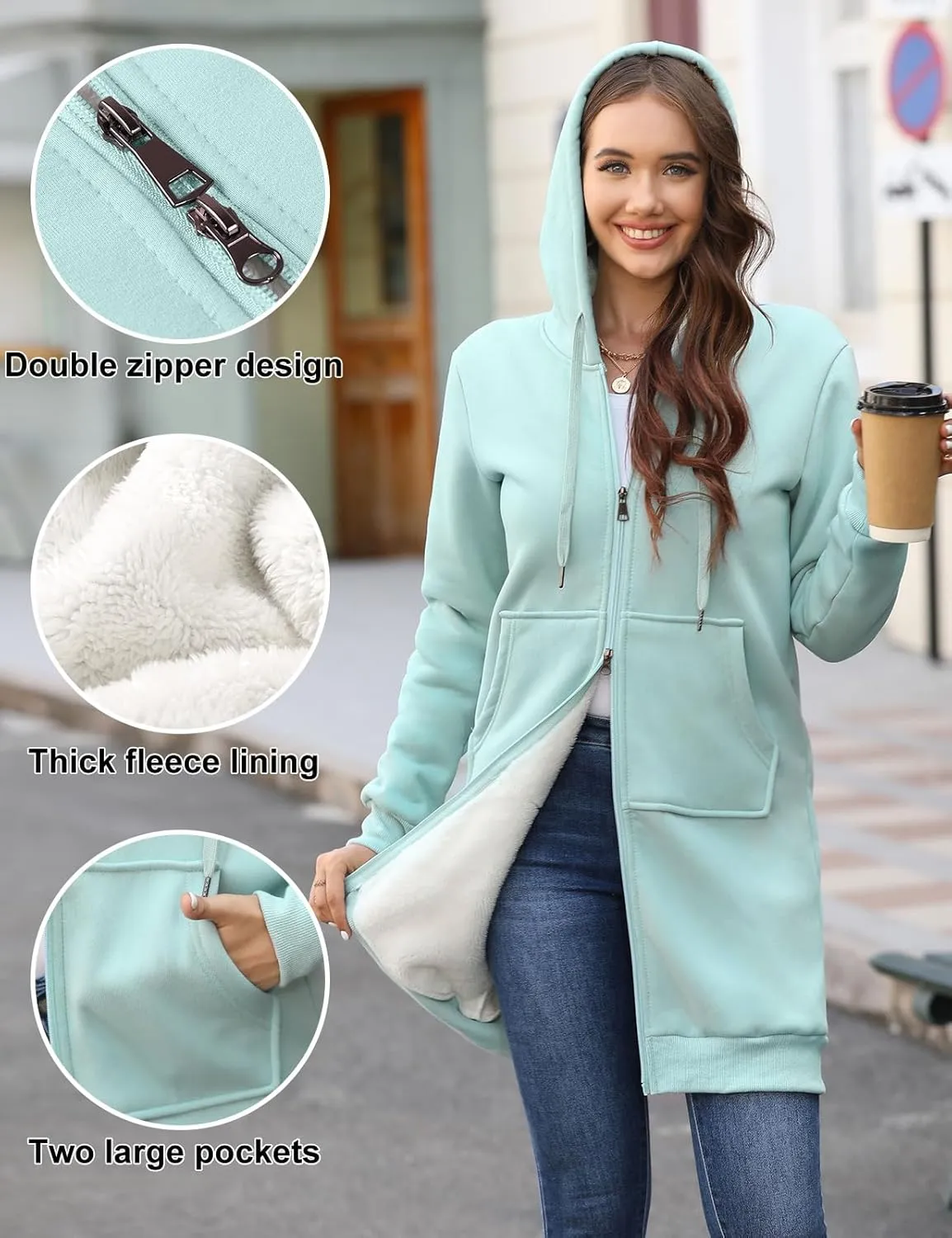HEEKPEK Women's Long Hoodies Tunic Winter Fleece Jackets Casual Zip up Hoodies Soft Sherpa Sweatshirts Warm Long Coats