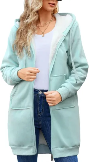 HEEKPEK Women's Long Hoodies Tunic Winter Fleece Jackets Casual Zip up Hoodies Soft Sherpa Sweatshirts Warm Long Coats