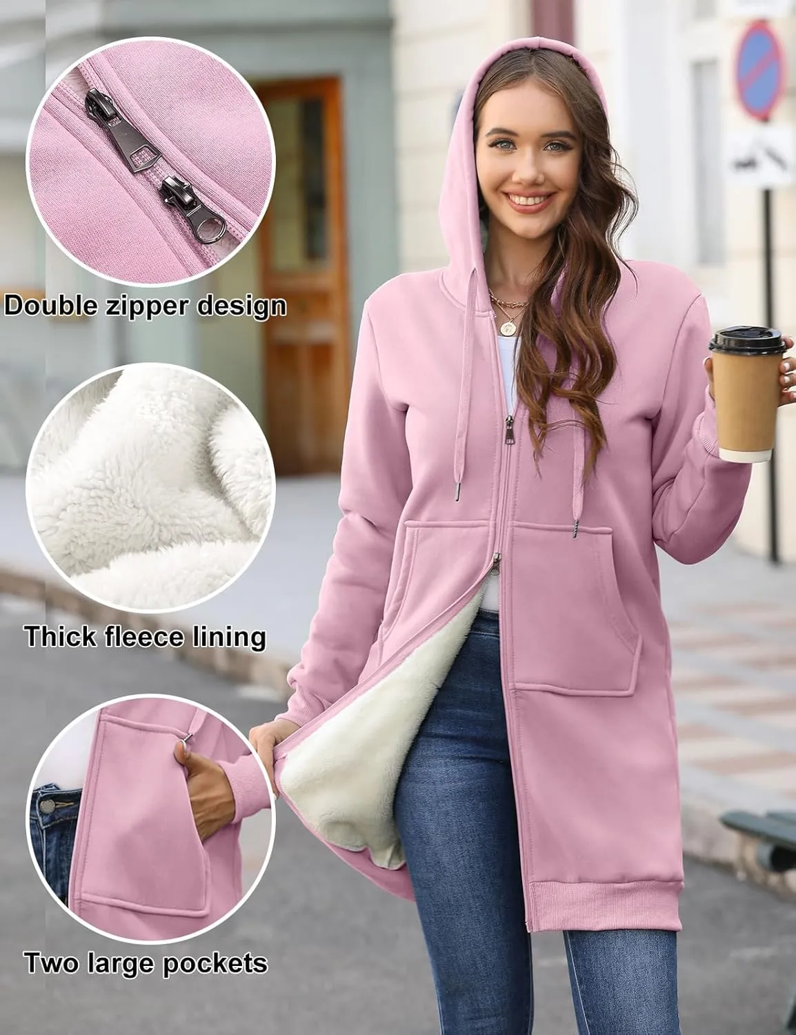 HEEKPEK Women's Long Hoodies Tunic Winter Fleece Jackets Casual Zip up Hoodies Soft Sherpa Sweatshirts Warm Long Coats