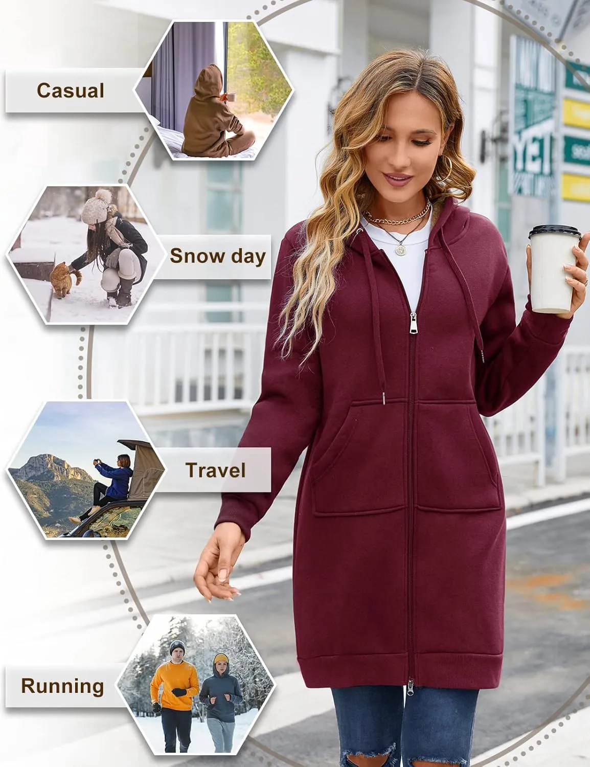 HEEKPEK Women's Long Hoodies Tunic Winter Fleece Jackets Casual Zip up Hoodies Soft Sherpa Sweatshirts Warm Long Coats