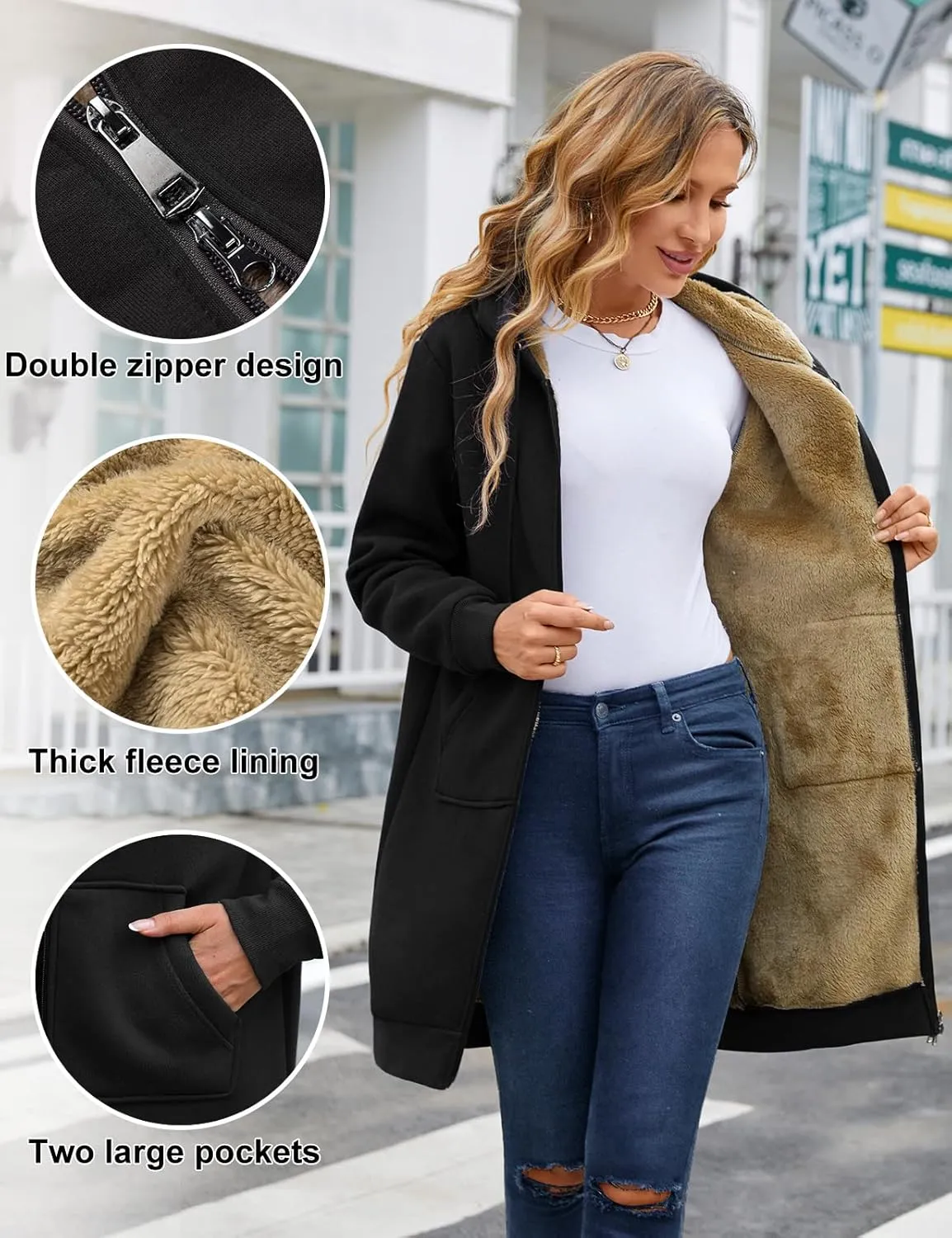 HEEKPEK Women's Long Hoodies Tunic Winter Fleece Jackets Casual Zip up Hoodies Soft Sherpa Sweatshirts Warm Long Coats