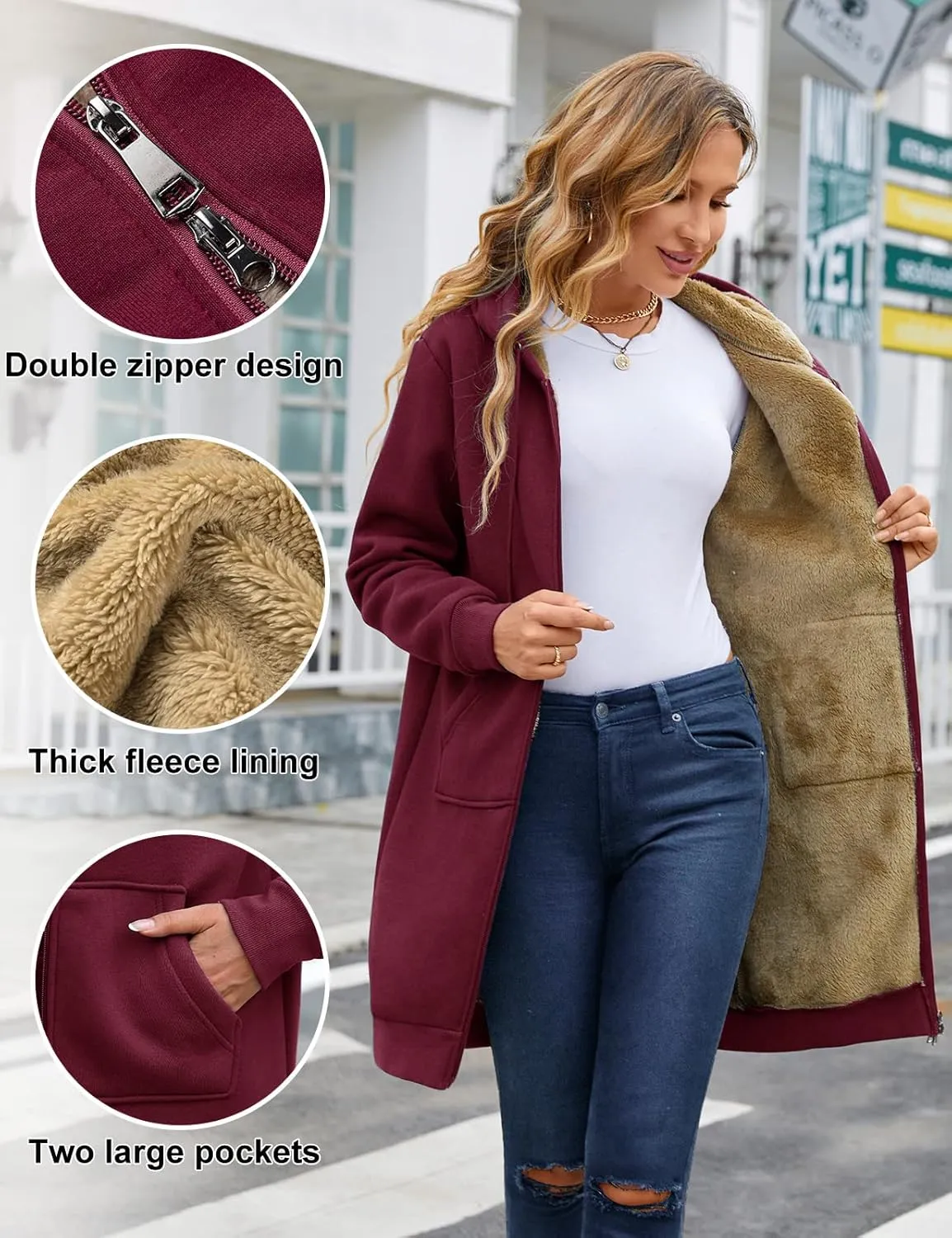 HEEKPEK Women's Long Hoodies Tunic Winter Fleece Jackets Casual Zip up Hoodies Soft Sherpa Sweatshirts Warm Long Coats