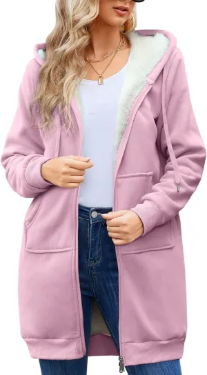 HEEKPEK Women's Long Hoodies Tunic Winter Fleece Jackets Casual Zip up Hoodies Soft Sherpa Sweatshirts Warm Long Coats