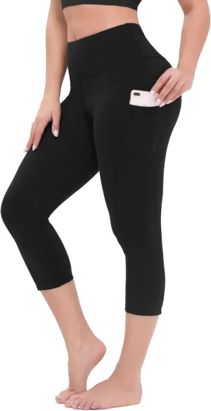 HLTPRO Leggings with Pockets for Women(Reg & Plus Size) - High Waist Tummy Control Yoga Capri Pants with Pockets for Workout