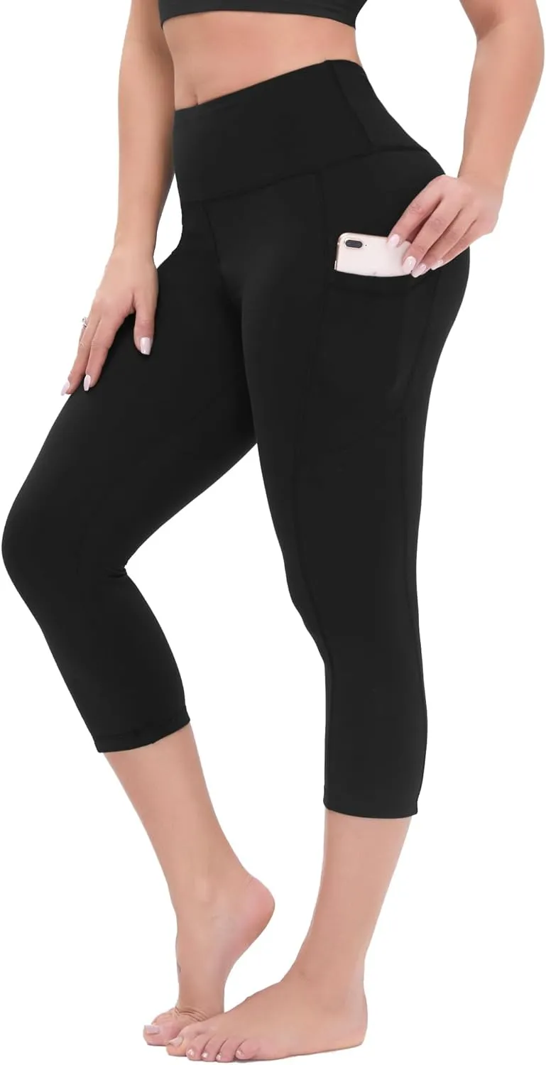 HLTPRO Leggings with Pockets for Women(Reg & Plus Size) - High Waist Tummy Control Yoga Capri Pants with Pockets for Workout