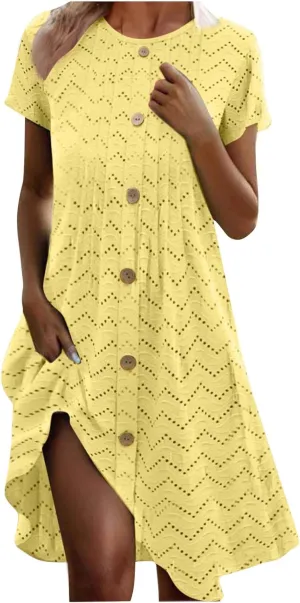 hlysgo Eyelet Embroidery Dress for Women 2025 Summer Short Sleeve Crew Neck Knee Length Dresses Casual Vacation Mini Dress