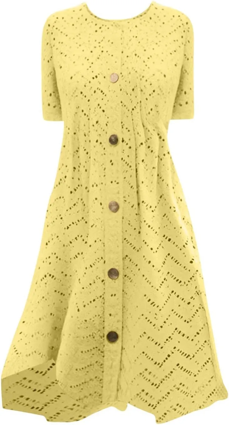 hlysgo Eyelet Embroidery Dress for Women 2025 Summer Short Sleeve Crew Neck Knee Length Dresses Casual Vacation Mini Dress
