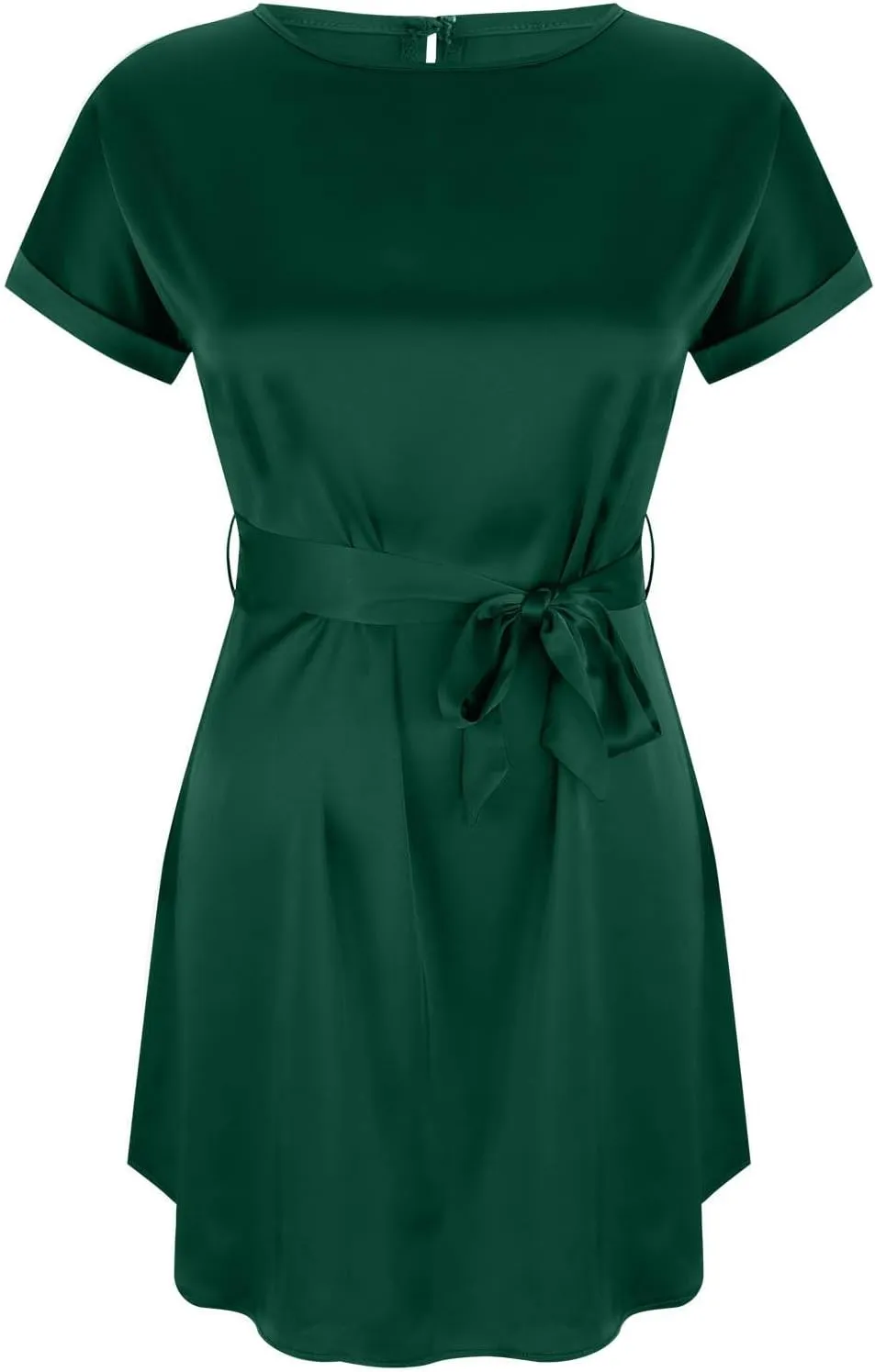 hlysgo Mini Dresses for Women Casual Loose Fit Short Sleeve Crew Neck Party Dress Trendy Silk Satin Tie-Belt Going Out Dress