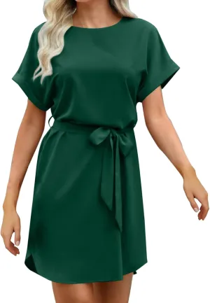 hlysgo Mini Dresses for Women Casual Loose Fit Short Sleeve Crew Neck Party Dress Trendy Silk Satin Tie-Belt Going Out Dress