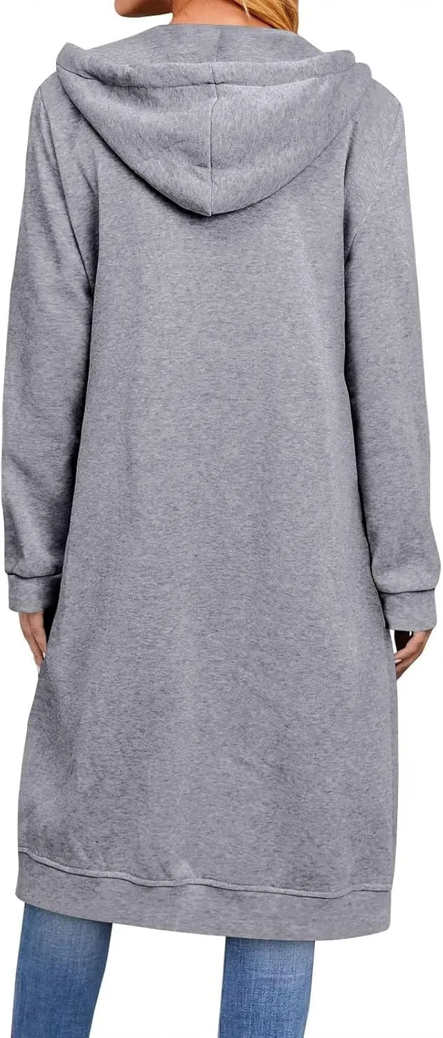 Long Hoodies for Women Zip Up Fleece Jacket Soft Long Sleeve Hooded Oversized Sweatshirt Winter Coat with Pockets
