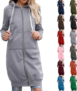 Long Hoodies for Women Zip Up Fleece Jacket Soft Long Sleeve Hooded Oversized Sweatshirt Winter Coat with Pockets