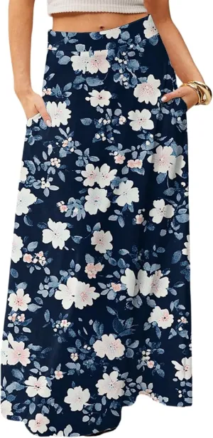 Maxi Floral Skirts for Women Trendy Summer Boho High Elastic Waist Skirts Long Flowy Skorts with Pockets A Line Skirt