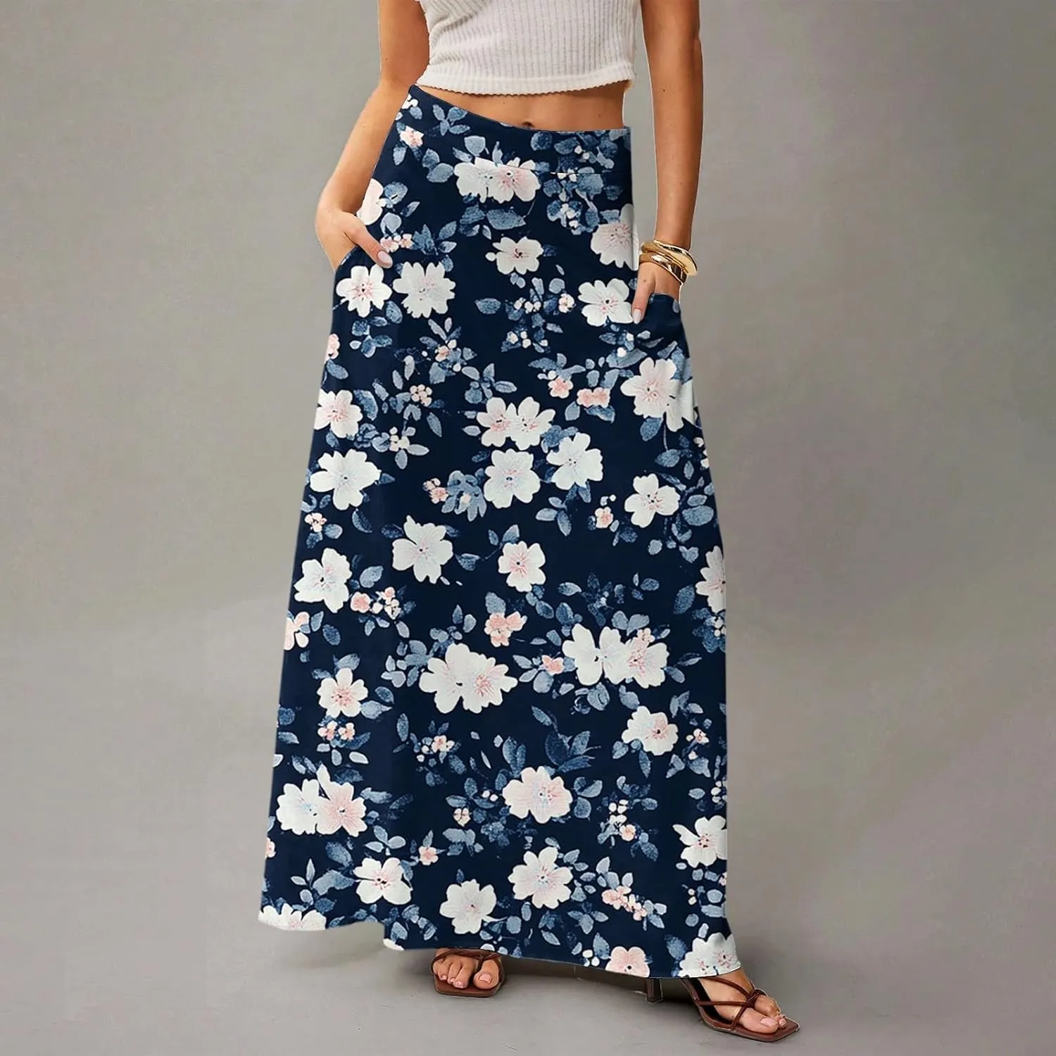 Maxi Floral Skirts for Women Trendy Summer Boho High Elastic Waist Skirts Long Flowy Skorts with Pockets A Line Skirt
