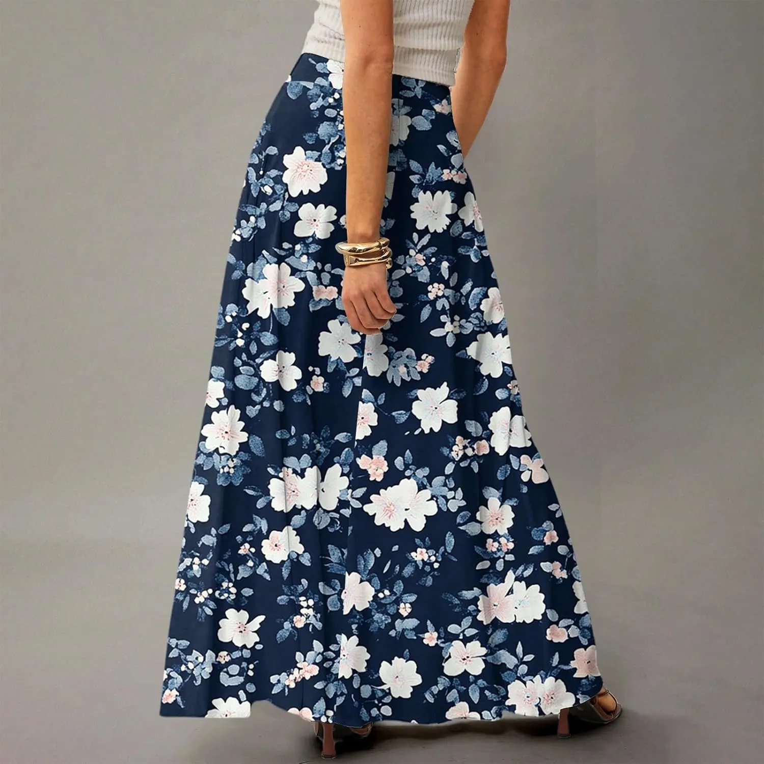 Maxi Floral Skirts for Women Trendy Summer Boho High Elastic Waist Skirts Long Flowy Skorts with Pockets A Line Skirt