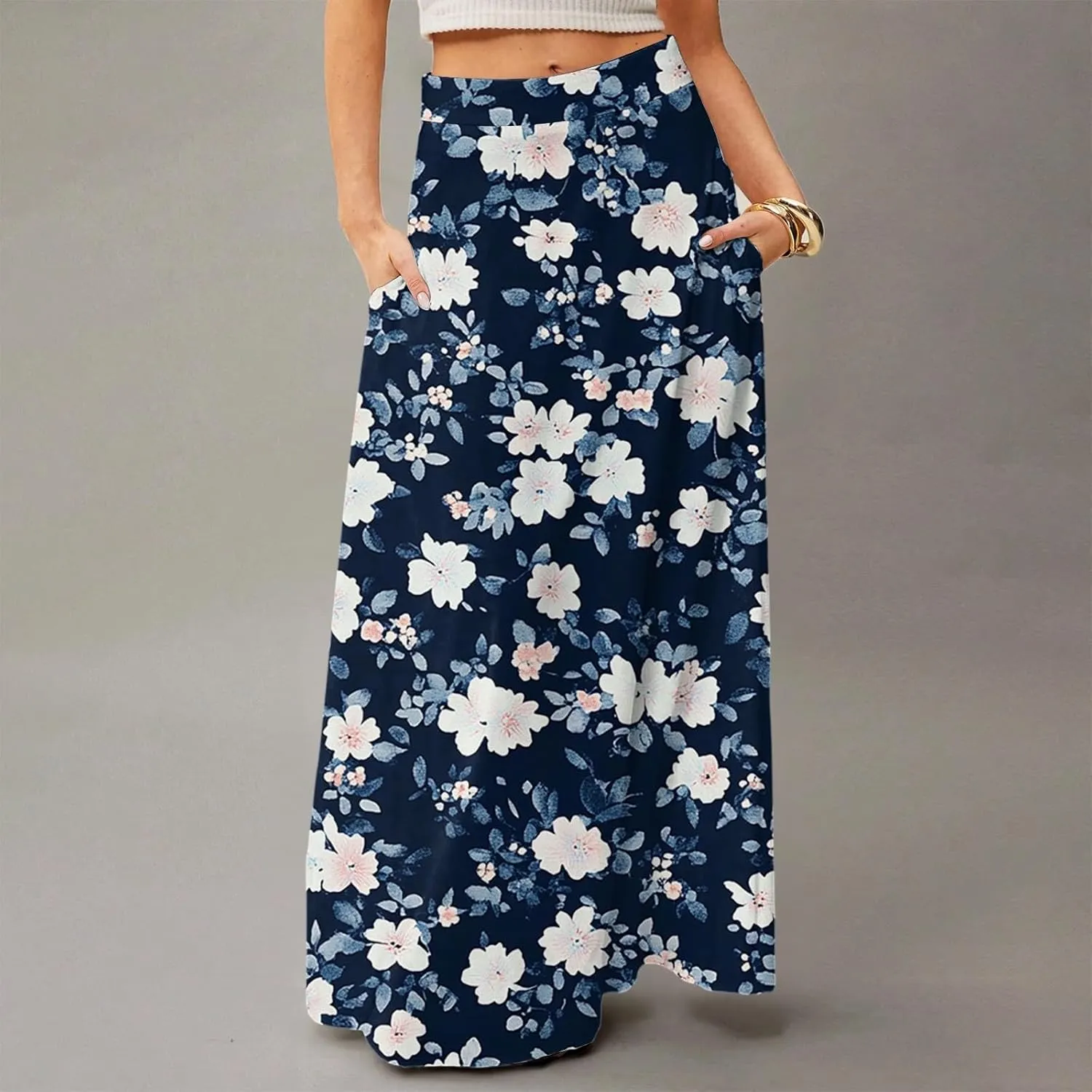Maxi Floral Skirts for Women Trendy Summer Boho High Elastic Waist Skirts Long Flowy Skorts with Pockets A Line Skirt